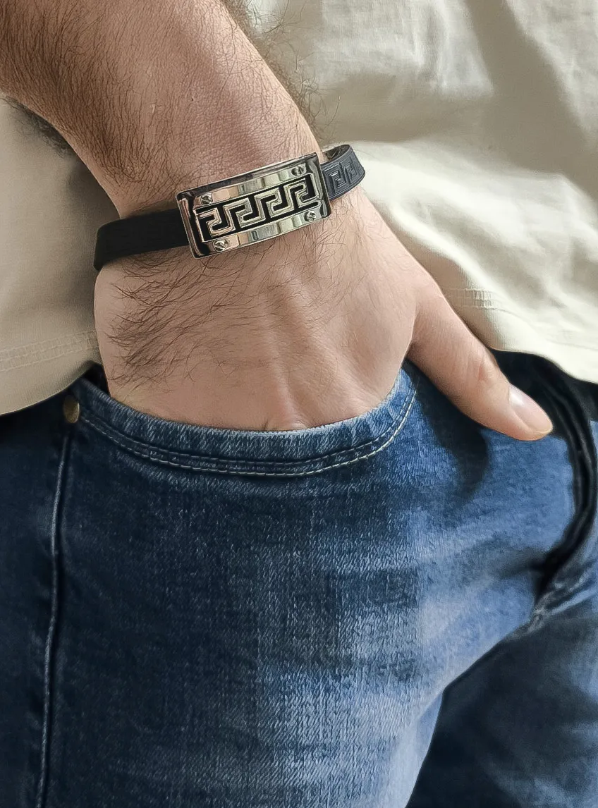 Ανδρικό βραχιόλι με ανοξείδωτο ατσάλι, καουτσούκ & γκρέκα, 24 εκατοστά,TRIBUTE, 0230270701